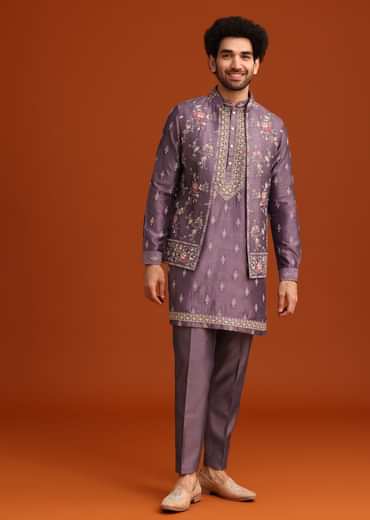 Purple Resham Work Kurta Jacket Set In Silk