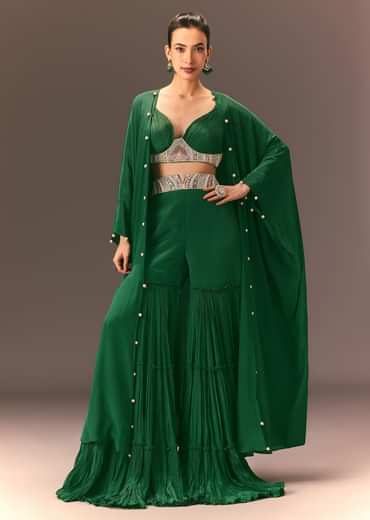 Green Ruched Blouse With Frill Palazzo And Cape