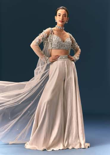 Beige Embroidered Organza Blouse With Circular Palazzo And Cutwork Jacket