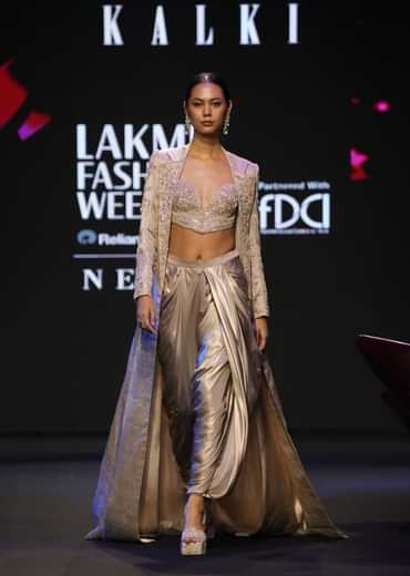 Beige Embroidered Brocade Corset With Long Blazer And Dhoti Pant