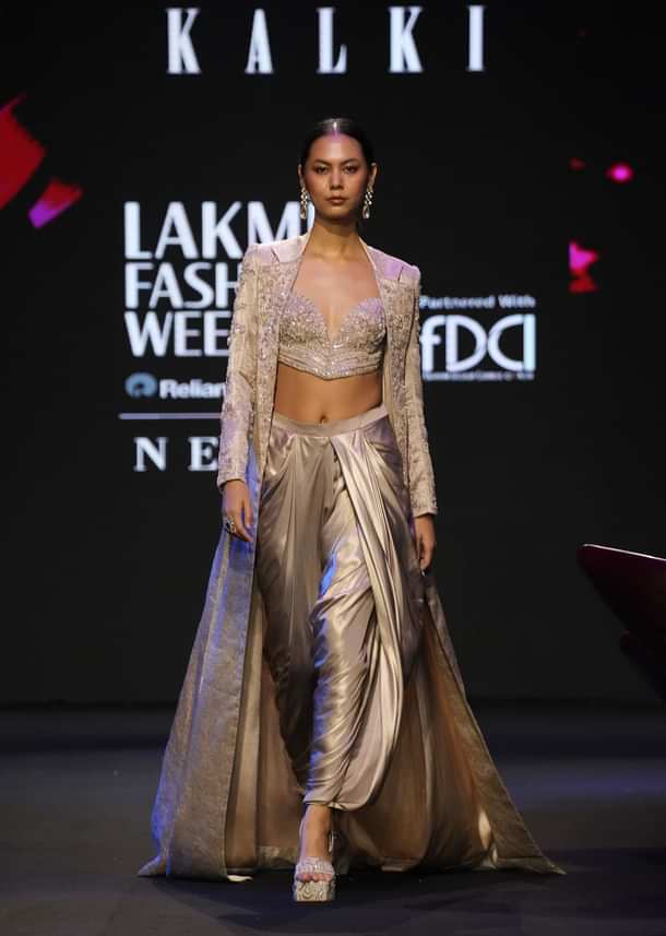 Beige Embroidered Brocade Corset With Long Blazer And Dhoti Pant