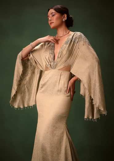Golden Chiffon Silk Jacquard Kaftan