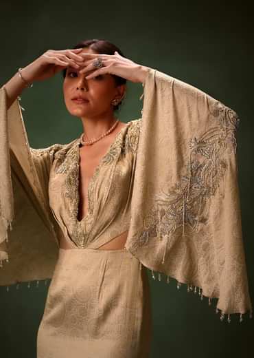 Golden Chiffon Silk Jacquard Kaftan