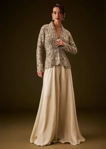 Beige Gold Zardozi Embroidered Peplum Jacket With Palazzo