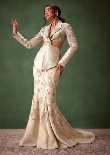 Silver Banarasi Brocade Jacket Lehenga Set