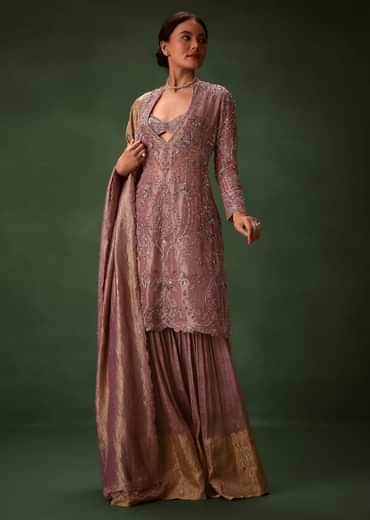 Lilac Platinum Tissue Kurti Set With Hand Embroidered Gharara Pants And Dupatta
