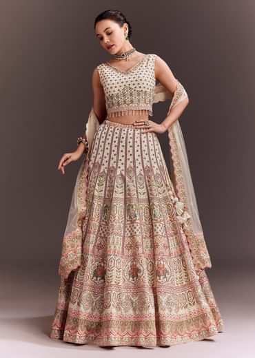 Ivory Embroidered Lehenga Set With Ethnic Motifs
