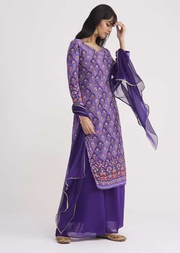 Purple Printed Mirror Work Kurta Set With Flared Palazzo