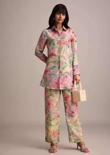 Beige Floral Printed Tissue Shirt Pant Set