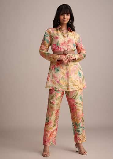 Beige Tissue Shirt Pant Set With Floral Print