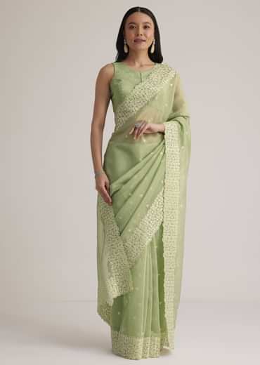 Mint Green Tissue Silk Sequins Saree With Scallop Border
