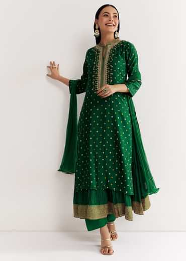 Dark Green Bandhani Kurta Set With Dupatta