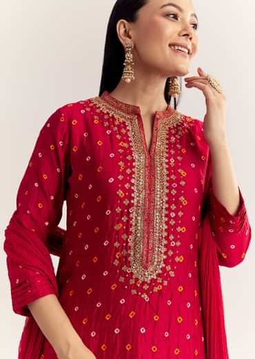 Red Bandhani Layered Silk Kurta Set With Dupatta