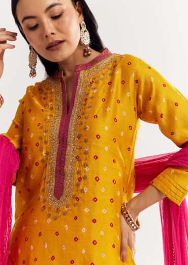 Yellow Bandhani Kurta Set With Pink Dupatta