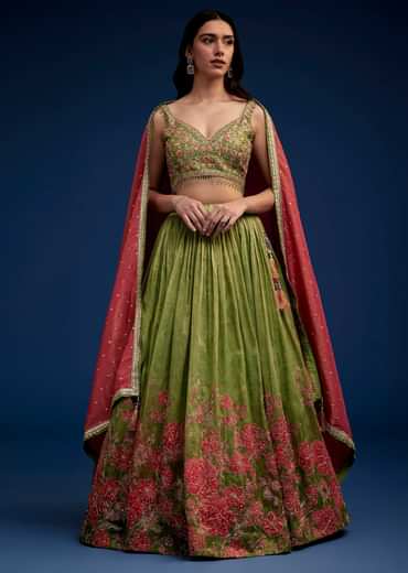 Rust Green Embroidered Lehenga Choli Set With Dupatta