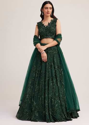 Dark Green Sequin Embellished Lehenga Set