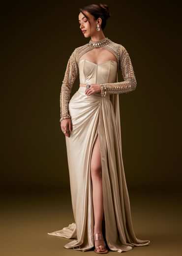 Peach Hand Embroidered Skirt Set With Cape