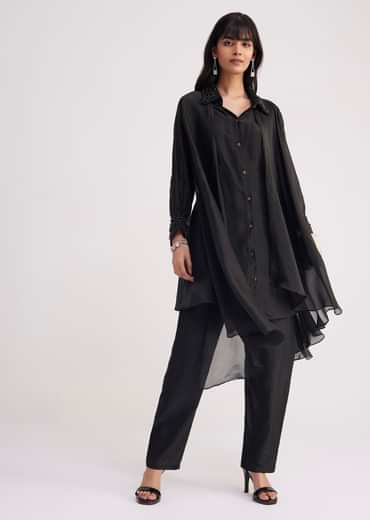 Black Organza Shirt Style Kurta Pant Set
