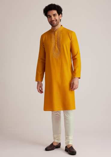 Yellow Embroidered Silk Kurta Set