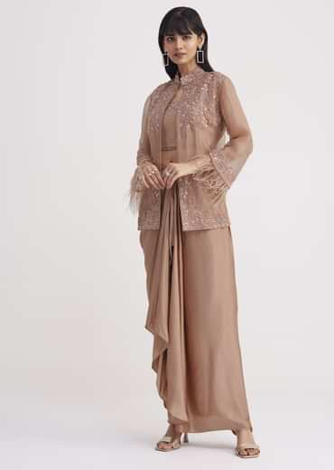 Hazelnut Beige Crop Top And Skirt With Embroidered Jacket