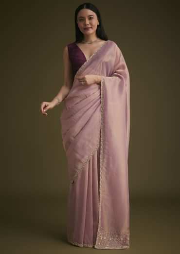 Purple Tissue Sequins Saree With Contrast Blouse