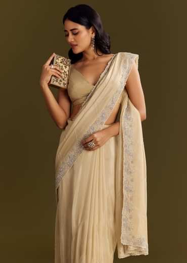 Gold Tissue Saree With Cutdana And Beads Scallop Border