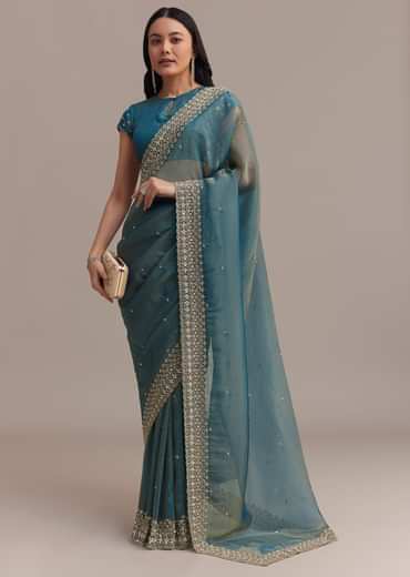 Blue Crushed Tissue Saree With Scallop Embellished Border