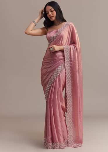 Pink Glass Tissue Saree With Sequins And Moti Embroidered Border