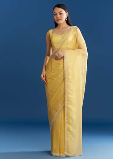 Lemon Yellow Organza Tissue Saree With Beaded Border