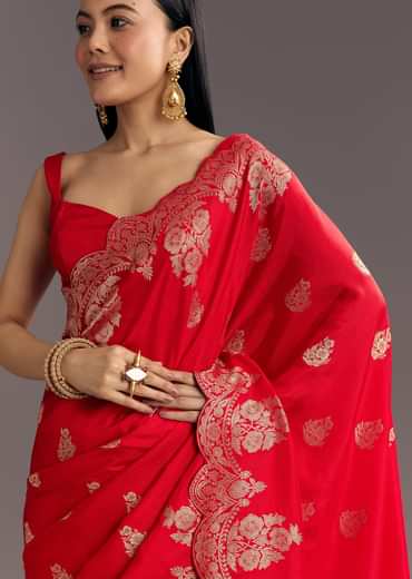 Red Dola Silk Woven Motif Saree With Scallop Border