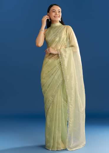 Light Green Organza Tissue Saree With Embroidered Scallop Border