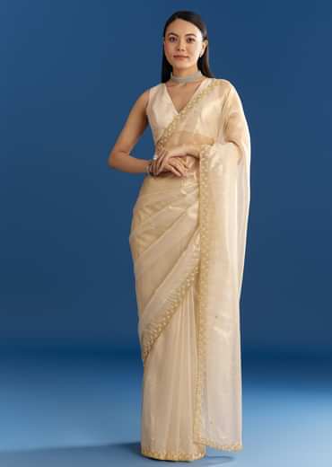 Beige Organza Tissue Saree With Embroidered Scallop