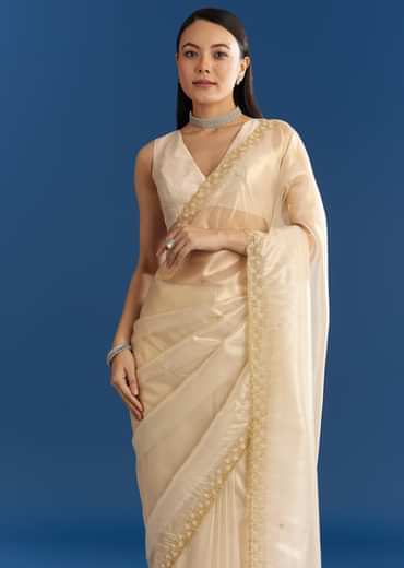 Beige Organza Tissue Saree With Embroidered Scallop