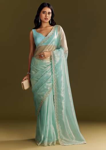 Sea Blue Glass Tissue Saree With Cutdana And Beads Scallop Border