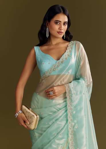 Sea Blue Glass Tissue Saree With Cutdana And Beads Scallop Border