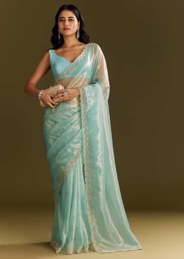 Sea Blue Glass Tissue Saree With Cutdana And Beads Scallop Border