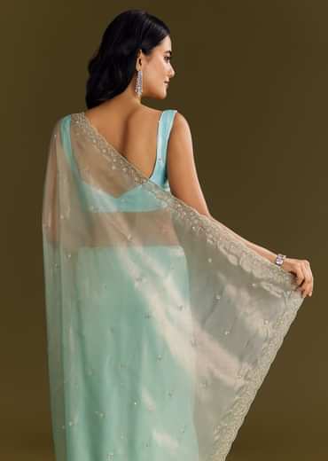 Sea Blue Glass Tissue Saree With Cutdana And Beads Scallop Border