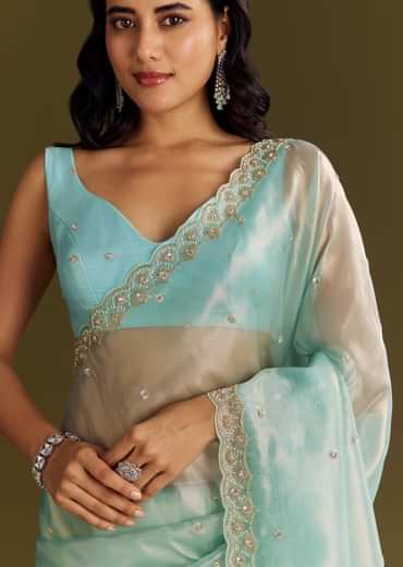 Sea Blue Glass Tissue Saree With Cutdana And Beads Scallop Border