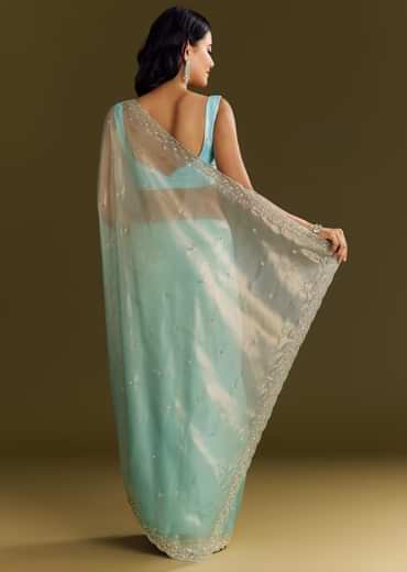 Sea Blue Glass Tissue Saree With Cutdana And Beads Scallop Border
