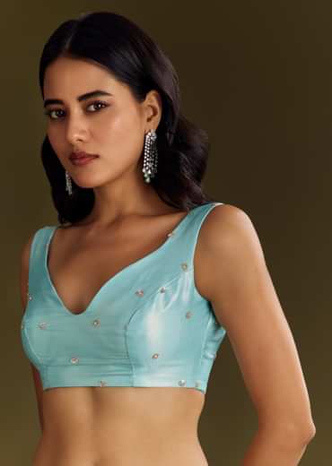 Sea Blue Glass Tissue Saree With Cutdana And Beads Scallop Border