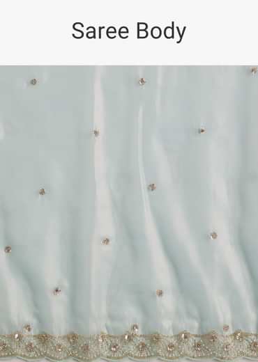 Sea Blue Glass Tissue Saree With Cutdana And Beads Scallop Border