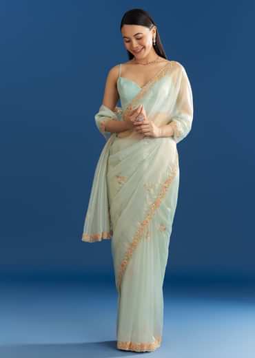 Aqua Blue Organza Tissue Saree With Multicolor Border