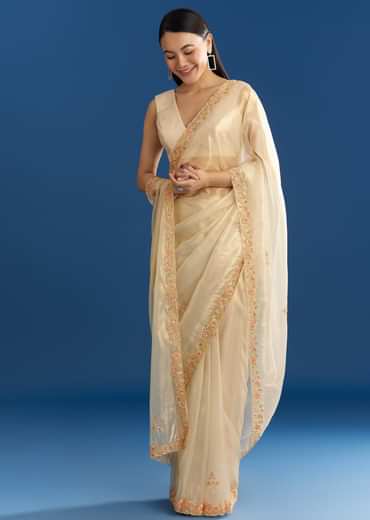 Cream Organza Tissue Saree With Subtle Beaded Border