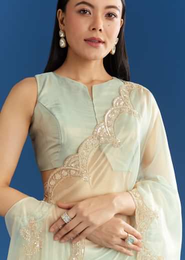 Aqua Organza Tissue Saree With Cutdana Border