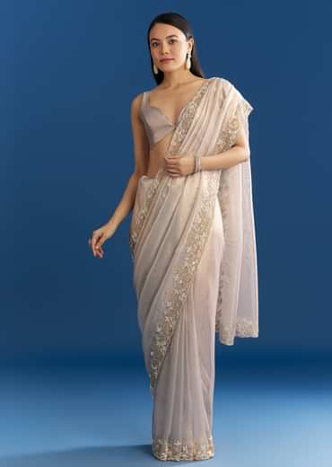 Cloud Grey Organza Tissue Saree With Embellished Border