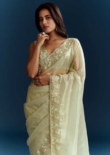 Light Pista Organza Saree With Floral Cutdana And Stone Embroidery