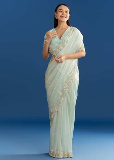 Ice Blue Organza Tissue Saree With Beaded Scallop Border