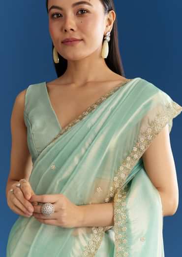 Aqua Blue Organza Tissue Saree With Cutdana And Beads Scallop Border