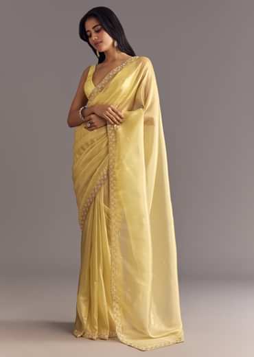 Gold Glossy Tissue Saree With Floral Cutdana And Moti Embroidery