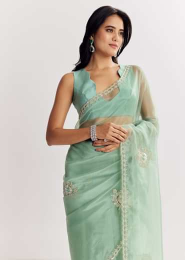 Mint Green Glass Tissue Saree With Cutdana And Sequins Embroidery